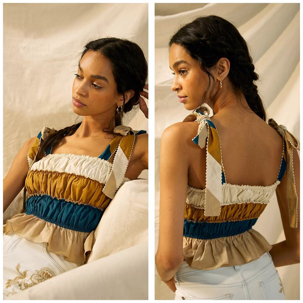 Anthropologie Let Me Be Zuri Crop Cami Size 4 Colorblock Smocked Boho Tie Strap
